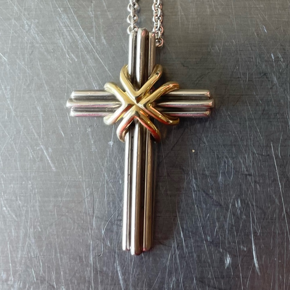 Tiffany & Co. Signature Cross Pendant Silver 925 Yellow Gold 18k Necklace